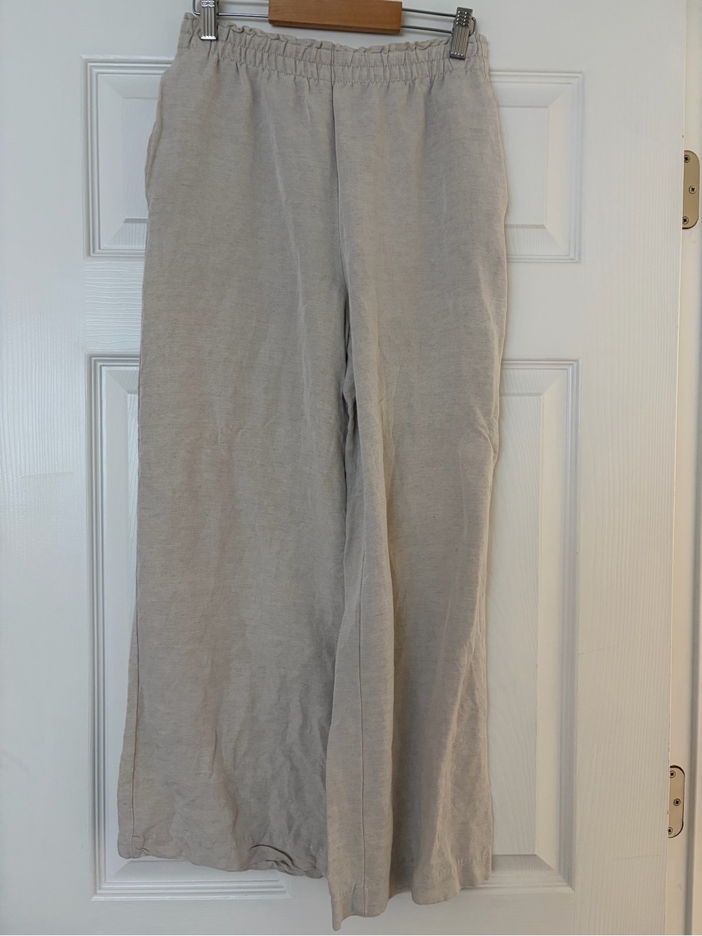 H&M Linen Light Beige Straight-Leg Linen-Blend Pants